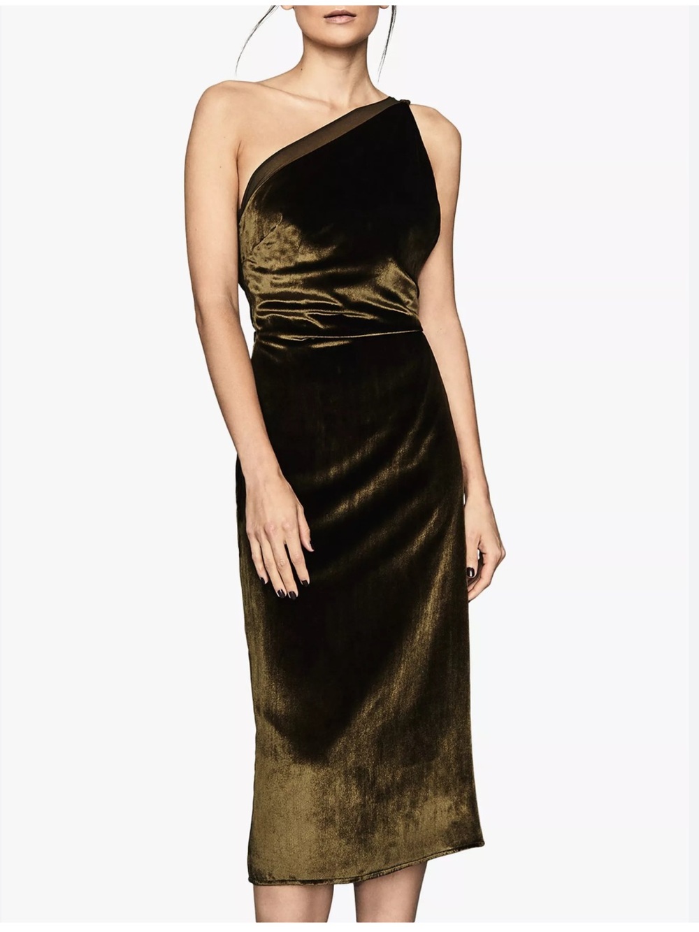 REISS Eden Velvet One-Shoulder Midi Dress Silk Blend Khaki US 4